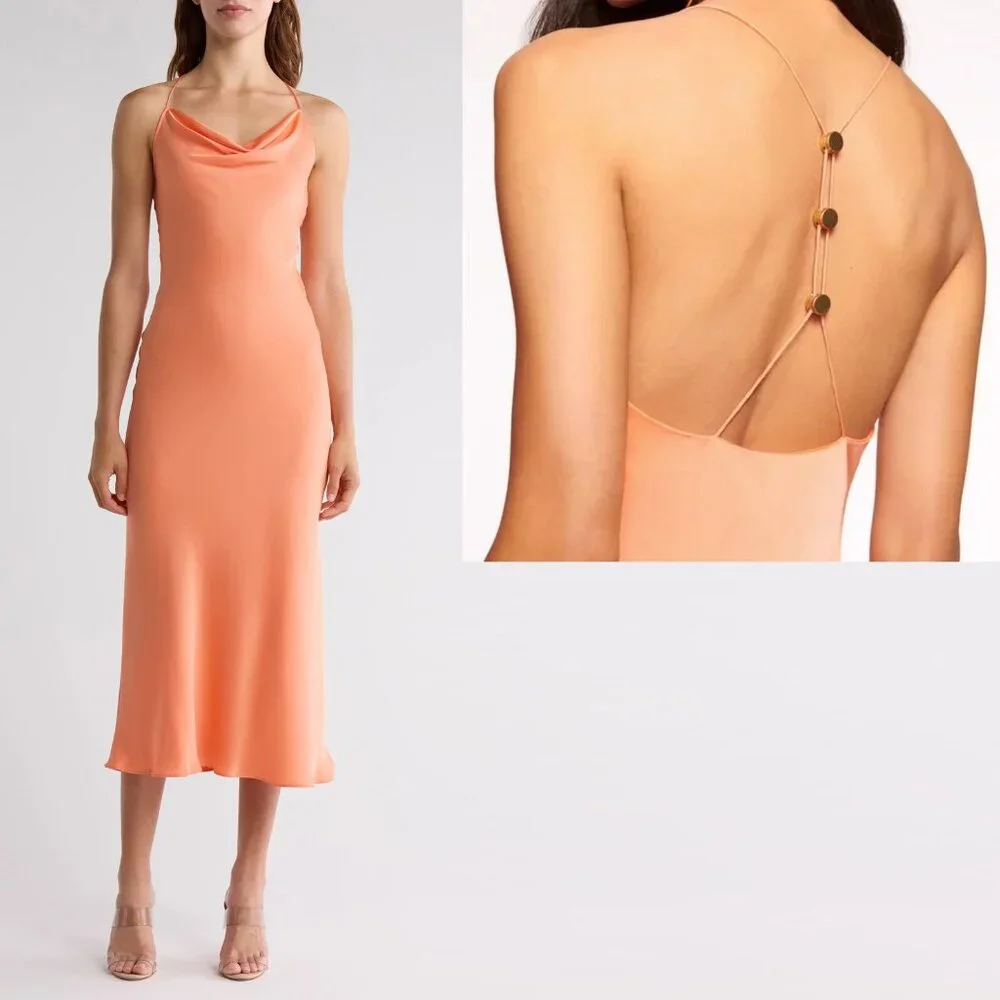 NWT New $495 Ramy Brook Averi Cowl Neck Slip TROPIC ORANGE Dress Size L - Picture 2 of 8
